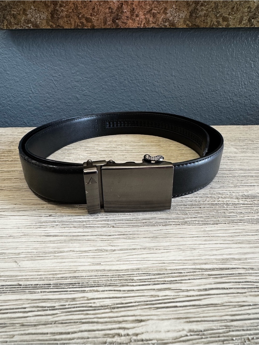 Men's Black Leather Dress Belt with Gunmetal Automatic Buckle